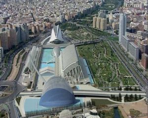 Aerial View of the Agora (top), Science Museum (center) and Opera House in Valencia, Spain