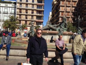 Rob at Turia Fountain in the Plaza de la Virgen in Valencia, Spain