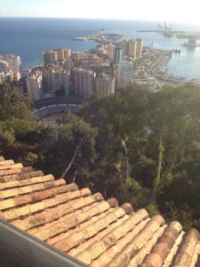 Sea and Plaza de Toros de la Malaga (bull ring) from Parador de Gibralfaro Rooftop