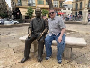Sitting with Pablo Picasso at His Monument Bench in Malaga Spain