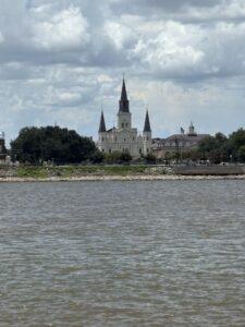 View of St Louis Cathedral from the Paddlewheeler Creole Queen River Cruise in New Orleans