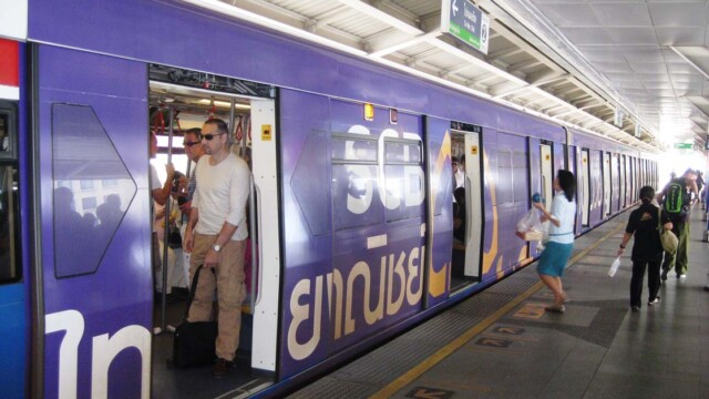 © Phensri Rutledge Bangkok International Airport skytrain at station