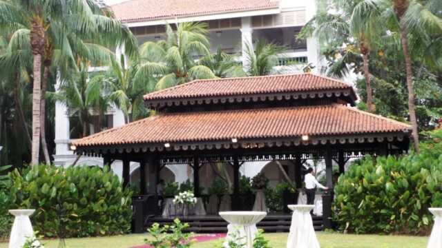 An outdoor reception space in tropical gardens at Raffles Hotel. © 2014 Phensri Rutledge Singapore Raffles Hotel Garden