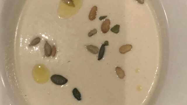 Spanish Foods - Cazuela of Ajo Blanca (cold white soup made with almonds, garlic, and olive oil) at El Pimpi in Malaga. It's like a white gazpacho -- very popular in Andalucia.
© 2023 Rob Hard Spanish Foods - Cazuela of Ajo Blanco (cold white soup made with almonds, garlic, and olive oil) at El Pimpi in Malaga